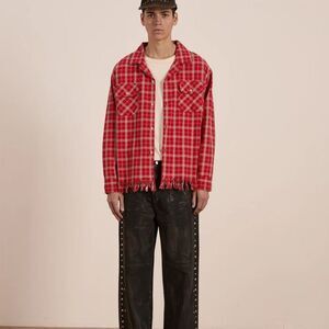 Found Unisex Raw Cut Fringe Plaid Camp Shirt